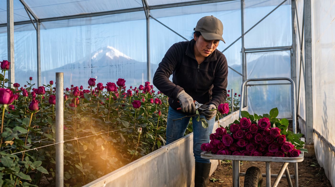 Foto: una trabajadora cosecha rosas en un invernadero moderno al amanecer