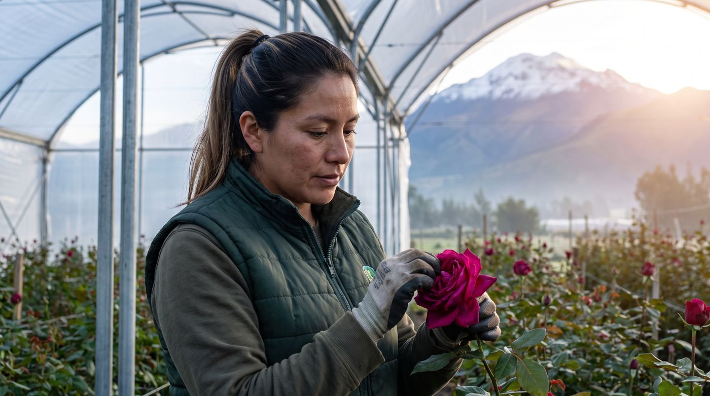 Una agrónoma revisa una rosa