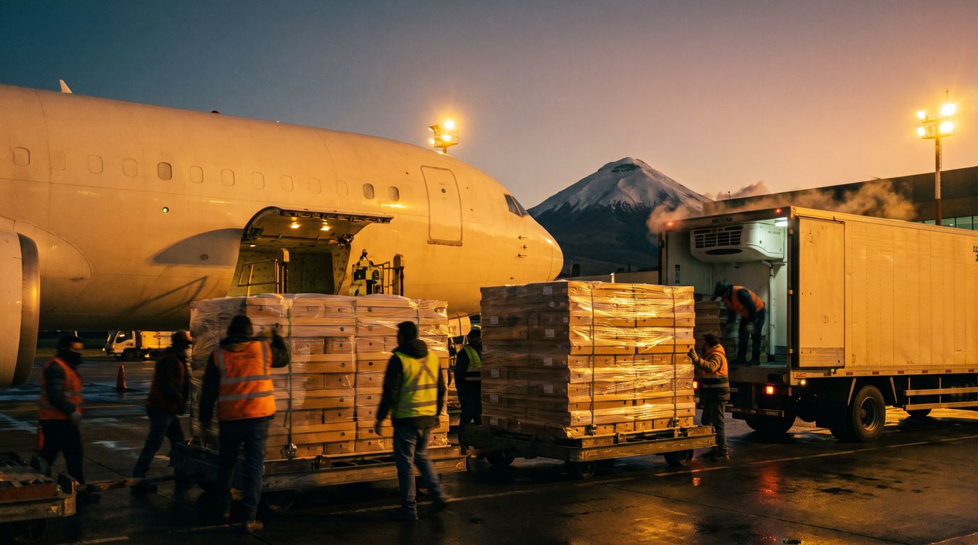 Foto: carga de cajas de flores en un avión al atardecer en Quito