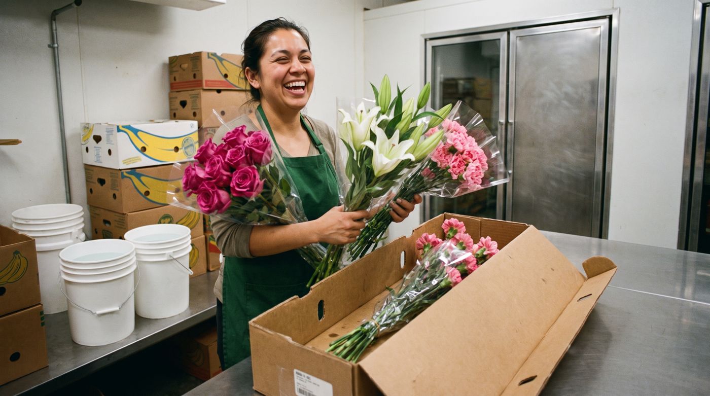 Una trabajadora abre la caja de flores en la trastienda