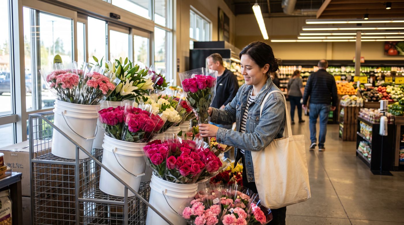 Foto: una clienta elige un ramo de rosas en la percha del supermercado