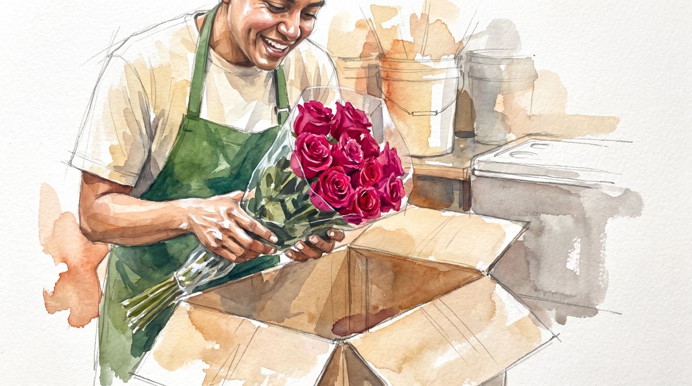 Acuarela: manos sacando un ramo de rosas de la caja