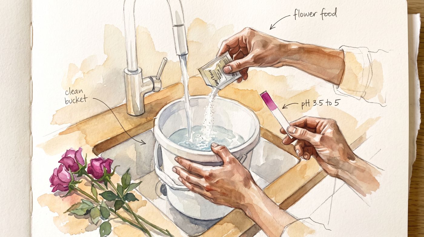 Acuarela: balde limpio, sobre de flower food y tira de pH
