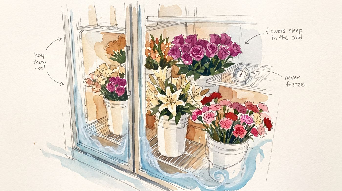 Acuarela: la heladera de la tienda con las flores y un termómetro